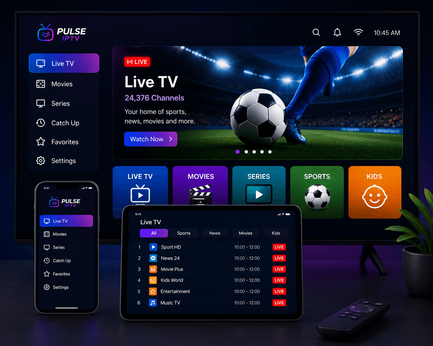 Pulse IPTV streaming interface showing Live TV, Movies, Series, Sports and Kids channels across a Smart TV, tablet, and phone